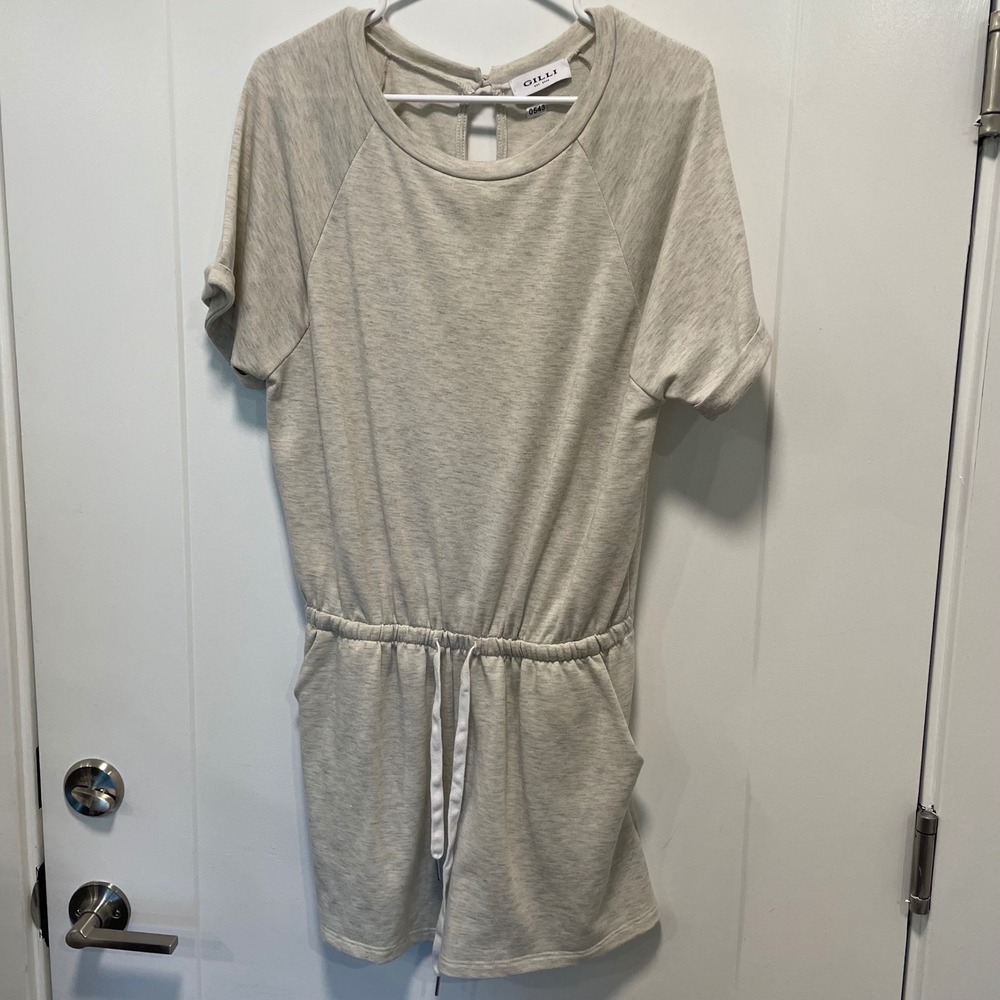 Gilli Womens Short Sleeve Romper Heathered Oatmeal Grey Drawstring Waist Pockets